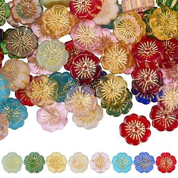 60Pcs Transparent Glass Beads, Flower, Golden Metal Enlaced, Mixed Color, 14~14.5x5.5~6mm, Hole: 1~1.2mm