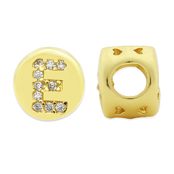 Brass Micro Pave Clear Cubic Zirconia Beads, Flat Round with Letter, Letter.E, 7.5x6.5mm, Hole: 3.5mm, 3pcs/bag