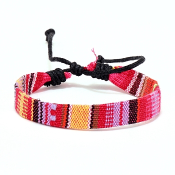 Cloth Rope Braided Flat Cord Bracelet, Ethnic Tribal Adjustable Bohemia Bracelet, Cerise, 7-1/8 inch(18cm)