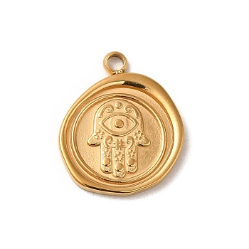 304 Stainless Steel Pendants, Flat Round with Hamsa Hand Pattern Charm, Real 14K Gold Plated, 18x15x1.5mm, Hole: 1.8mm