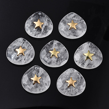 Natural Quartz Crystal Pendants, with Light Gold Plated Brass Star Findings, Faceted, Teardrop, 28~28.5x28~28.5x10mm, Hole: 1.2mm