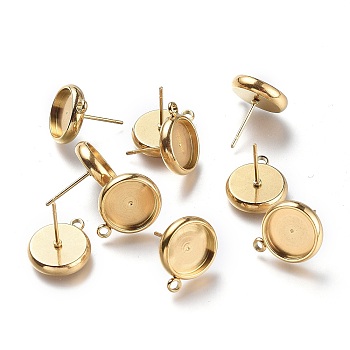 Ion Plating(IP) 304 Stainless Steel Stud Earring Settings, with Loop, Flat Round, Golden, Flat Round: 15x12.5mm, Hole: 1.6mm, Pin: 0.8mm, Tray: 10mm
