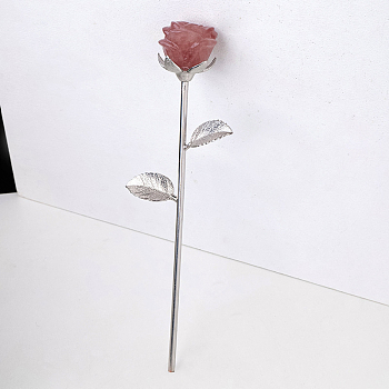Natural Strawberry Quartz Carved Rose Ornaments, Platinum Tone Brass Flower Branch for Women Girls Valentine's Day Gift, 230mm