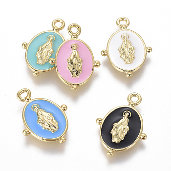 Golden Plated Brass Enamel Pendants, for DIY Jewelry Making, Oval with Virgin Mary Religion, Mixed Color, 18.5x13x2mm, Hole: 1.6mm