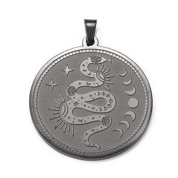 304 Stainless Steel Pendants, Flat Round with Snake & Moon Phase Charm, Electrophoresis Black, 33x30x1.5mm, Hole: 5x3mm
