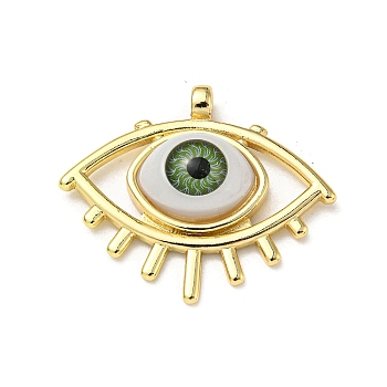 Real 18K Gold Plated Brass Pendants, with Acrylic, Evil Eye Charms, Light Green, 26x31x7mm, Hole: 2.5mm