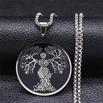 304 Stainless Steel Enamel Necklaces, Tree of Life Pendant Necklaces, Stainless Steel Color, 19.61 inch(49.8cm)