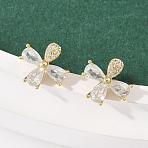 Flower Brass Micro Pave Clear Cubic Zirconia Stud Earrings, Rack Plating, Long-Lasting Plated, Cadmium Free & Lead Free, Real 18K Gold Plated, 11x10.5mm(EJEW-F400-01A-G)