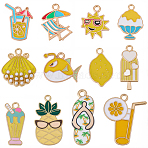 48Pcs 12 Styles Yellow Color Beach Theme Alloy Enamel Pendants, Mixed Shapes, Golden, 16.5~31.5x9~21.5x1.1~3mm, Hole: 1.5~2mm, 4pcs/style(ENAM-SC0007-47)