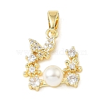 Brass Micro Pave Clear Cubic Zirconia Pendants, with Plastic Pearl, Butterfly & Flower Charms, Golden, 15.5x14x6mm, Hole: 4x2mm(KK-E804-13G)