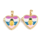 Brass with Enamel Locket Pendants, Heart with Pineapple Charms, Cadmium Free & Lead Free, Long-Lasting Plated, Rack Plating, Colorful, Golden, 17.5x18x4mm, Hole: 5x3mm(KK-CBA415D-10G-02)
