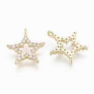 Brass Micro Pave Cubic Zirconia Charms, Star, Nickel Free, Real 18K Gold Plated, 13x12x1.5mm, Hole: 1mm(ZIRC-Q014-048G)