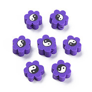 Handmade Polymer Clay Beads, for DIY Jewelry Crafts Supplies, Flower with Yinyang, Indigo, 8~9x7.5~8.5x4~4.5mm, Hole: 1.6~1.8mm(CLAY-N008-027F)