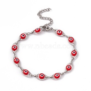 304 Stainless Steel Horse Eye Link Chain Bracelet with Resin Evil Eye Beaded for Women, Red, 6-7/8 inch(17.5cm)(BJEW-F439-01P-03)