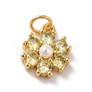 Rack Plating Brass Micro Pave Cubic Zirconia Charms, with Pearl, Cadmium Free & Lead Free, Real 18K Gold Plated, Flower, Yellow, 12.5x10.5x4mm, Hole: 3.6mm(KK-A160-22B-G)