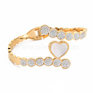 Natural Shell Heart Open Cuff Bangle, Stainless Steel Hinged Bangle with Polymer Clay Rhinestone for Women, Golden, Inner Diameter: 1-7/8x2-3/8 inch(4.8x6.1cm)(BJEW-N017-002LG)