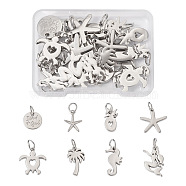 32pcs 8 Style Rack Plating Alloy Pendants, with Jump Rings, Mermaid & Sea Horse & Star, Platinum, 15~23x10~21x1.5~2.5mm, Hole: 6mm, 4pcs/style(FIND-EL0001-04)