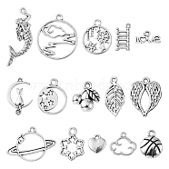90Pcs 15 Style Tibetan Style Alloy Pendants, Cherry & Moon with Cat & Heart, Antique Silver, 9.5~33x7~27x1~3mm, Hole: 1.2~2mm, 6pcs/style (FIND-FS0001-23)