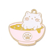 Alloy Enamel Pendant, Golden, Bowl with Cat & Cat Paw Print Charm, Misty Rose, 32.5x28.5x1.6mm, Hole: 2.2mm(FIND-H040-01F)