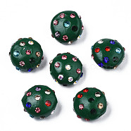 Polymer Clay Rhinestone Beads, Pave Disco Ball Beads, Flat Round, Dark Green, 11~12x7mm, Hole: 1.4mm, Rhinestone: pp15(2.1~2.2mm)(RB-S056-27E)