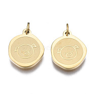 Ion Plating(IP) 304 Stainless Steel Charms, with Jump Rings, Flat Round with Pig, Real 14K Gold Plated, 13x11x1.5mm, Jump Ring: 4x0.5mm, 2.5mm inner diameter(STAS-N097-223LG)