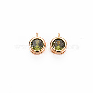 Brass Charms, with Rhinestone, Nickel Free, Flat Round, Real 18K Gold Plated, Olivine, 7x5x3mm, Hole: 1mm(KK-S364-161H)