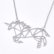 201 Stainless Steel Pendant Necklaces, with Cable Chains, Unicorn, Stainless Steel Color, 17.9 inch(45.5cm), 2mm, Unicorn: 38x53x2mm(NJEW-T009-JN035-1-40)