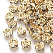 Brass Cubic Zirconia Beads, Flat Round, Clear, Nickel Free, Real 18K Gold Plated, 6x3mm, Hole: 1.2mm(X-KK-T055-024G-NF)