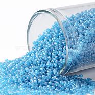 TOHO Round Seed Beads, Japanese Seed Beads, (163BF) Transparent AB Frost Dark Aquamarine, 15/0, 1.5mm, Hole: 0.7mm, about 15000pcs/50g(SEED-XTR15-0163BF)