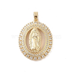 Brass Cubic Zirconia Pendants, Long-Lasting Plated, Oval with Holy Virgin Charms, Clear, 34x27x6mm, Hole: 6x3mm(KK-Z050-31G-01)