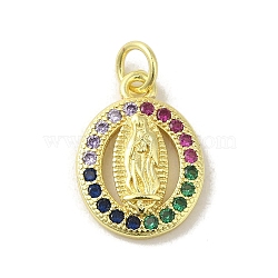 Brass Micro Pave Cubic Zirconia Pendants, Real 18K Gold Plated, Virgin Mary Pattern Charms, Oval, Colorful, 16x11.5x2.5mm, Hole: 3mm(KK-M283-21A-02)