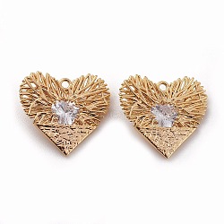Brass Filigree Pendants, Real 18K Gold Plated, with Cubic Zirconia, Heart, Clear, 17.5x19x4mm, Hole: 1.4mm(X-KK-T038-433G)