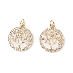 Brass Micro Pave Clear Cubic Zirconia Pendants, Long-Lasting Plated, with Jump Rings & Floral White Enamel, Flat Round with Tree of Life, Real 18K Gold Plated, 18x16x2.4mm, Hole: 3.2mm(ZIRC-B0003-11G)
