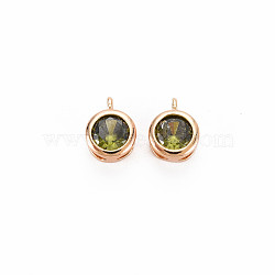 Brass Charms, with Rhinestone, Nickel Free, Flat Round, Real 18K Gold Plated, Olivine, 7x5x3mm, Hole: 1mm(KK-S364-161H)