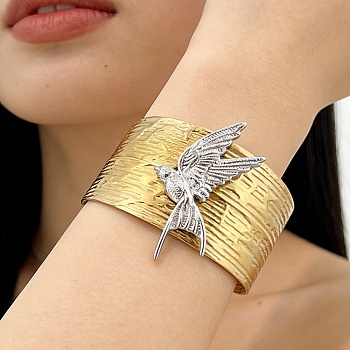 Textured 304 Stainless Steel Cuff Bangles for Women, Real Gold Plated & Stainless Steel Color, Inner Diameter: 1.97x2.34 inch(5.95x5cm)