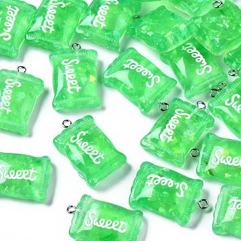 Transparent Resin Pendants, with Paillette & Platinum Tone Iron Peg Bail, Candy with Word Sweet, Light Green, 37x20.5x9.5mm, Hole: 2mm