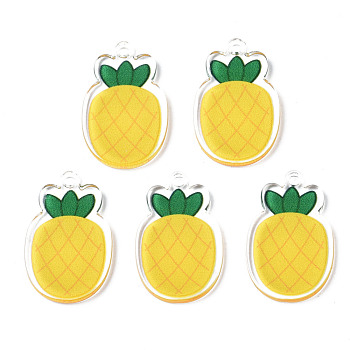 Translucent Acrylic Pendants, Double-Faced Printed, Pineapple, Gold, 27x18x2mm, Hole: 2mm