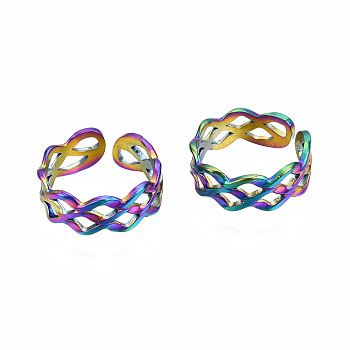 Hollow Wide Cuff Rings, Rainbow Color 304 Stainless Steel Open Rings for Women, US Size 8 1/4(18.3mm)