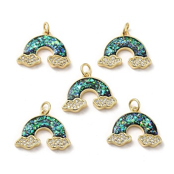 Rack Plating Brass Micro Pave Cubic Zirconia with Synthetic Opal Pendants, with Jump Ring, Lead Free & Cadmium Free, Long-Lasting Plated, Rainbow, Real 18K Gold Plated, 15.5x20x2.6mm