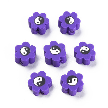 Handmade Polymer Clay Beads, for DIY Jewelry Crafts Supplies, Flower with Yinyang, Indigo, 8~9x7.5~8.5x4~4.5mm, Hole: 1.6~1.8mm