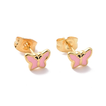 Enamel Butterfly Stud Earrings with 316L Surgical Stainless Steel Pins, Gold Plated 304 Stainless Steel Jewelry for Women, Pink, 7.5x5.5mm, Pin: 0.7mm
