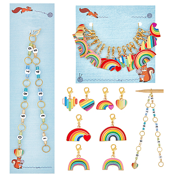 Knitting Row Counter Chains & Locking Stitch Markers Kits, with Rainbow & Heart Alloy Enamel Pendant and Acrylic Beads, Mixed Color, 2.5~31.4cm, 17pcs/set