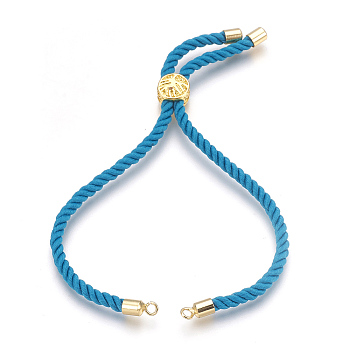 Cotton Cord Bracelet Making, with Brass Findings, Flat Round with Tree of Life, Real 18K Gold Plated, Deep Sky Blue, 8-5/8 inch(22cm), Hole: 2mm