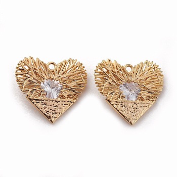 Brass Filigree Pendants, Real 18K Gold Plated, with Cubic Zirconia, Heart, Clear, 17.5x19x4mm, Hole: 1.4mm