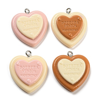 Opaque Resin Pendants, Heart Charms with Platinum Plated Iron Loops, Mixed Color, 28x24.5x6.5mm, Hole: 2mm