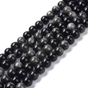 Natural Silver Obsidian Beads Strands, Round, 8.5mm, Hole: 1.2mm, about 47pcs/strand, 15.35 inch(39cm)