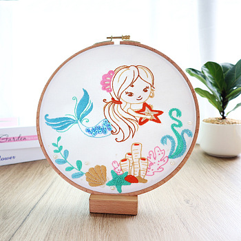 Mermaid Pattern DIY Embroidery Kit, including Embroidery Needles & Thread, Cotton Linen Cloth, White, 290x290mm