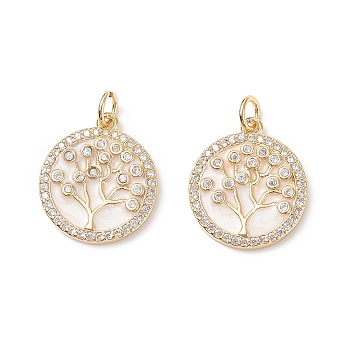 Brass Micro Pave Clear Cubic Zirconia Pendants, Long-Lasting Plated, with Jump Rings & Floral White Enamel, Flat Round with Tree of Life, Real 18K Gold Plated, 18x16x2.4mm, Hole: 3.2mm