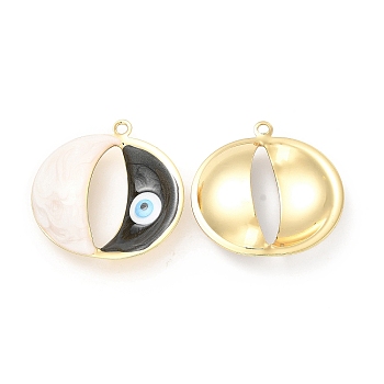 Brass Pendants, with Enamel, Real 18K Gold Plated, Long-Lasting Plated, Flat Round with Evil Eye Charm, Black, 25x25x8mm, Hole: 1.4mm