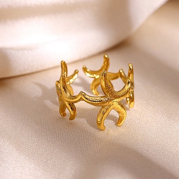 304 Stainless Steel Cuff Open Rings for Women, Starfish, Real 18K Gold Plated, 16mm, US Size 7 1/4(17.5mm)